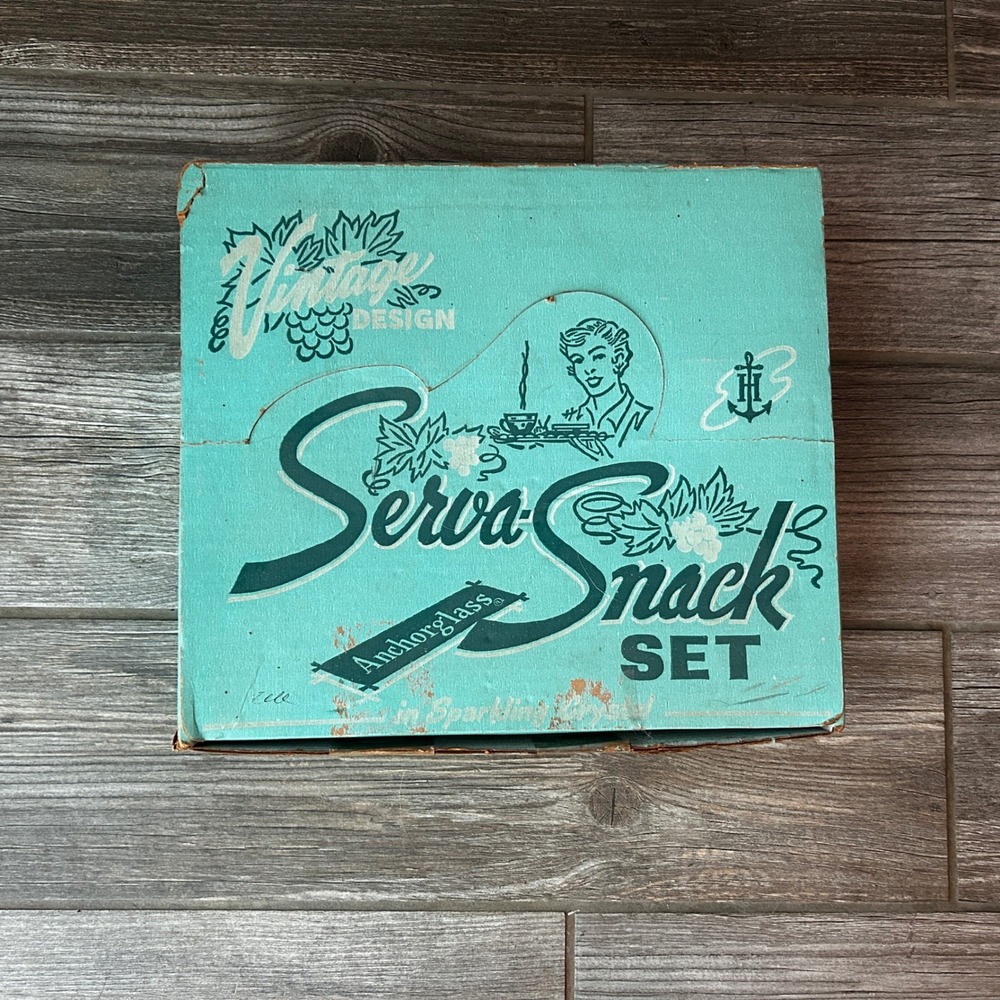 Vintage Anchor Hocking Serwa Snack Set, Grape Design 5 Piece Serving Tray & Cups